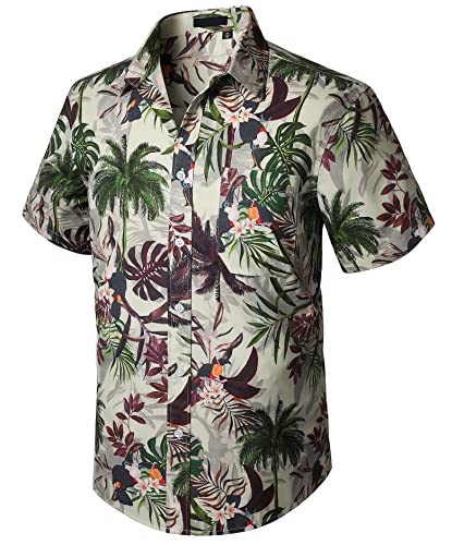 Enlision Camisa Hombre Hawaiana Funky Camisas Hawaianas Manga Corta con Bolsillo Delantero Impresión de Hawaii Playa y Flores Aloha Shirt, Beige y Verde,