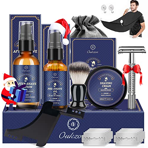 Kit Barba Cuidado Barba Hombre, Set Afeitado Hombre con Aceite Barba, Crema de Afeitar, Loción de Cuidado, Cepillo, Peine, Babero, Afeitadora Clásica y 10 Hojas, Mejor Regalos para Papa y Novio
