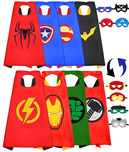 4 Pcs Capa de Superhéroe para Niños, 8 Personajes Capas y Máscaras de Satén de Superhéroe de Doble Cara, Fiesta de Disfraces de Superhéroe para Halloween, Juguetes de Superhéroe para Niños y Niñas
