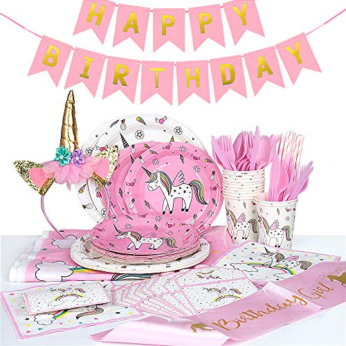 MOOKLIN ROAM - 112 Piezas Unicornio Party Supplies Set, Accesorio de Decoración Fiesta de Cumpleaños con Platos Servilletas Pancarta Vasos y Mantel para 12 Invitados, Reutilizable
