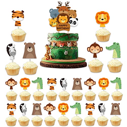 Decoración para Tartas, 26 Piezas Animales de la Selva Adornos de cupcakes de Cumpleaños, Adornos de tartas, para Niños y Niñas, Suministros para Fiestas de Cumpleaños, Adorno de pastel de bricolaje