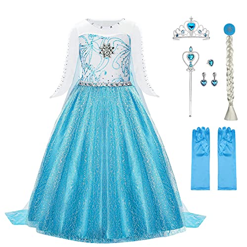 URAQT Disfraz Elsa, Vestidos Princesa Elsa con Accesorios, Disfraz Princesa Niña de Dibujos Animados Nieve, Disfraz Niña para Halloween, Fiestas, Cosplay, Cumpleaños, Carnaval, Verde (110cm)