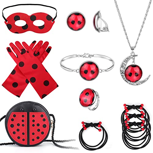 HIFOT Ladybug Disfraz Set Bolsos y Accesorios, Lady Bug Máscaras Guantes Bolsa Gomas Pelo Collares Anillos Pendientes Pulseras, Disfraz Superheroina Niña, Deluxe Ladybug Juguetes De Rol Disfraces Niña