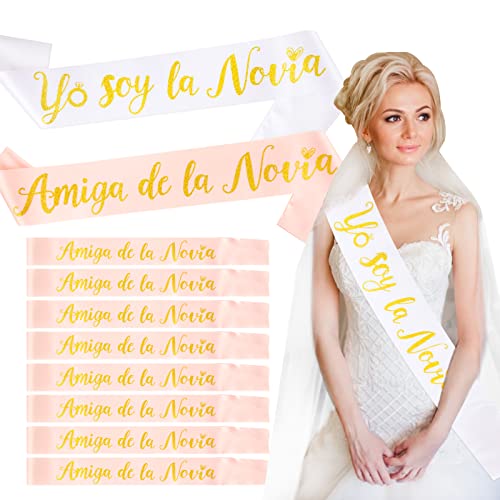 FLOFIA 10pcs Despedidas de Soltera Accesorios de Novia, Bandas Fajín de Novia y de Amiga de Novia Dama de Honor para Boda Fiesta Decoración Ducha Nupcial (De Novia y de Amiga de Novia)