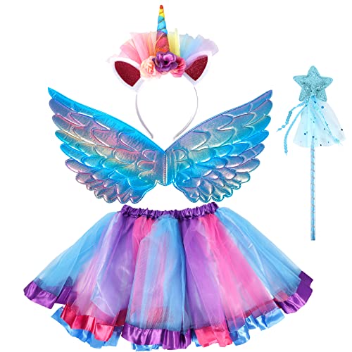 AOUVT 4 Pcs Disfraz Unicornio Niña, Conjunto de Cosplay de Unicornio, Disfraces de Fiesta de Unicornio, Faldas de Niña para Niñas de 3 4 5 6 7 8 Años (Púrpura)