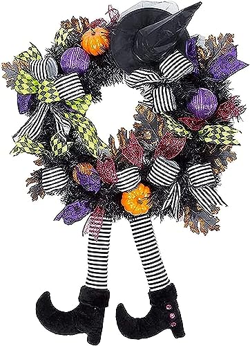 Decoración de Corona de Puerta de Halloween,decoración de Corona de Halloween, Pierna de Bruja de Halloween Vintage, Guirnalda de decoración de Hoja de Arce de Calabaza para Leg Wreath