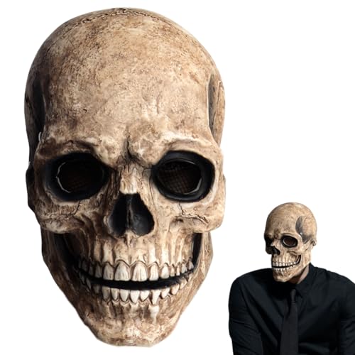 Halloween De MáScaras Hombres Aterradoras,MáScara Completa De CráNeo Con MandíBula MóVil,Casco Realista De LáTex Para Adultos,Cabeza De Esqueleto Espeluznante Y Soporte Ajustable. (Calavera Amarilla)