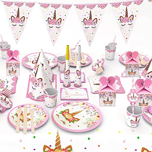 MAISITOO 145 pcs Vajilla de Unicornio Cumpleaños, Decoraciones Cumpleaños Unicornio Accesorio de Decoración de Fiesta de Cumpleaños Utensilios para Celebración Pancarta Decoración