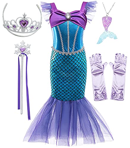 SunHibay 5 Piezas de Disfraces de Cosplay de Sirena Vestido de Ariel para Fiesta de Cumpleaños de Niñas con Joyería de Tiara (K52(PPP), 120)
