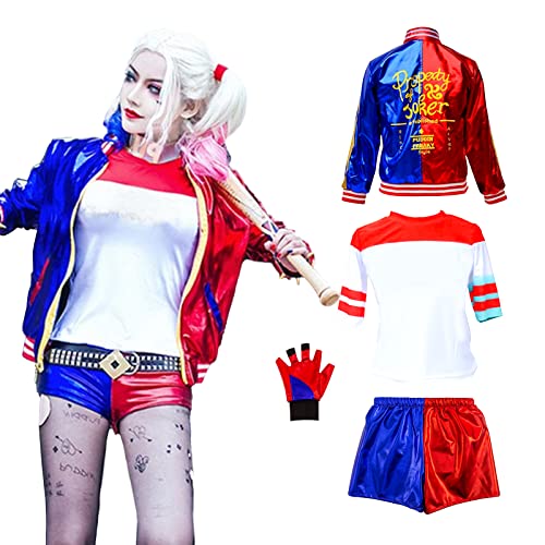 Kitimi Disfraz Harley Quinn Niña Adulto Harley Quinn Suicde Squad Disfraz Carnaval Niña Mujer con Camiseta, Chaqueta, Pantalón, Guantes para Cosplay Carnaval Navidad Halloween