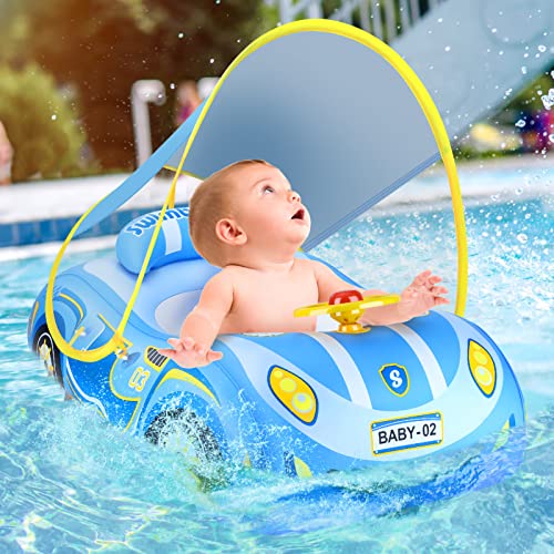 zerotop Flotador Bebe, Flotador Bebe Inflable con Sombrilla Piscina, Piscina Bebe de Protección Flotador Anillo de Natación de Entrenamiento para Bebés Antivuelco para Niños de 12 a 48 Meses(Azul)