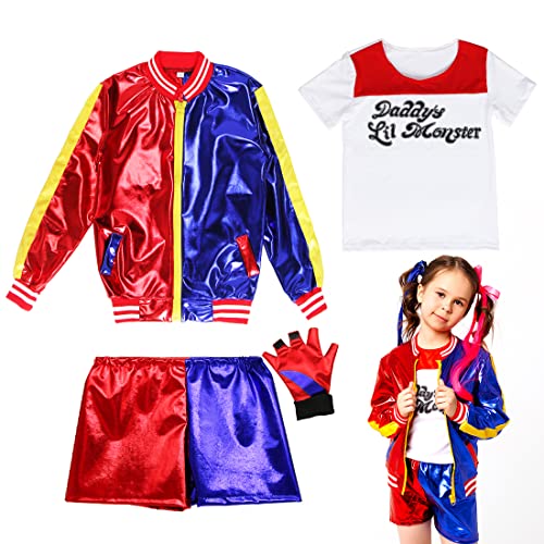 Disfraz de Harley Quinn Niña,Escuadrón Suicida Harley Quinn Cosplay Traje Set-1 x Guantes, 1 x Chaqueta, 1 x Camiseta, 1 x Pantalones Cortos