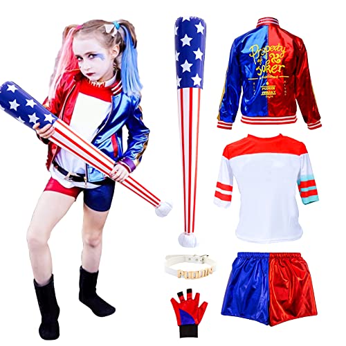 Kitimi Disfraz Harley Quinn Niña Adulto Harley Quinn Suicde Squad Disfraz Carnaval Niña Mujer con Camiseta, Chaqueta, Pantalón, Guantes para Cosplay Carnaval Navidad Halloween
