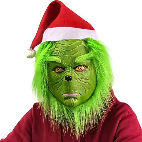 MULEVIP Máscara de Navidad para Adultos,Grinch Mask Disfraz de Papá Noel Verde con Sombrero Rojo,Accesorios de Disfraces de Navidad,Adecuado para Personajes Navideños y Máscaras de Fiesta