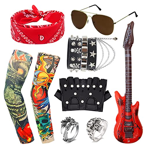 HEAWAA 11 Piezas Disfraces de Rock Accesorios, Punk Runk Gótico Rockero Kit con Manga Guitarra Inflable Gafas de Sol Bandana Guantes Pulsera Anillo para Hombres Adulto Fiesta Del Año 70 80 90
