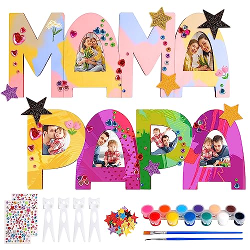 MAMA PAPA Regalo Letras de Madera Juego de Manualidades para Mamá Papa Marco de Fotos Artesanía Madre Padre Nombres de Madera para Pintar, Regalos Personalizados Papá Mamá de Niños Cumpleaños Navidad