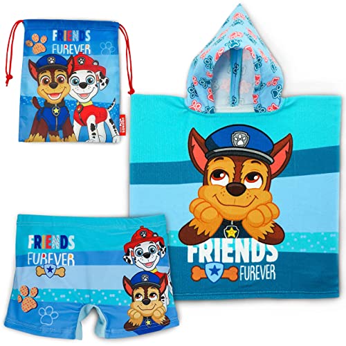 Bañador Niño, Poncho Toalla y Bolsa Tela de La Patrulla Canina - Pack de Playa y Piscina con Bolsa de Tela para Guardar Juguetes Playa y Accesorios Natacion | Poncho Surf Bañador Natacion