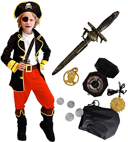 Tacobear Disfraz Pirata Niño con Pirata Accesorios Pirata Sombrero parche brújula monedero pendiente Pirata Disfraz de Halloween Niños (M 4-6 años)