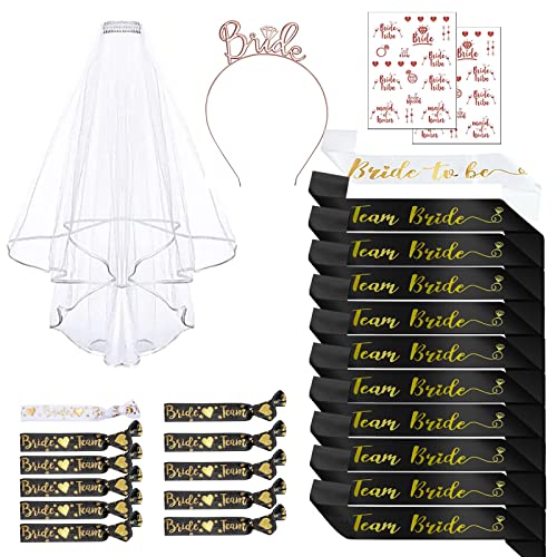 ZHSIHAI Despedida de Soltera Accesorios 26PCS Novia to Be y Team Bride Banda Pulsera Fajas Set Complementos Despedida de Soltera Set con Team Bride Fajas, Novia Faja, Velo, Diadema Tiara (Negro)