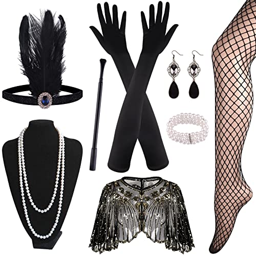 ELECLAND 10 Piezas 1920s Flapper Gran Gatsby Accesorios Set Moda Roaring 20's Theme Set con Diadema Tocado Largo Negro Guantes Collar Pendientes para Mujer (Black Gold)
