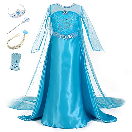 YOSICIL Vestido de Princesa Elsa Vestido Frozen Niñas Disfraz Traje de Cumpleaños ninas Fancy Dress nina Disfraz Elsa Princesa Cosplay con Accesorios traje de arrastre,Azul, 110
