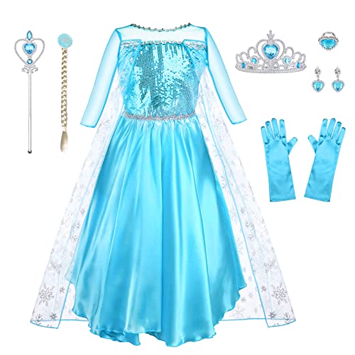 URAQT Disfraz Elsa, Disfraz Princesa Niña con Accesorios de Cosplay, Vestido Princesa Elsa con Capa de Copos de Nieve Brillantes, Disfraz Niña para Halloween Cosplay Cumpleaños Carnaval, 110cm