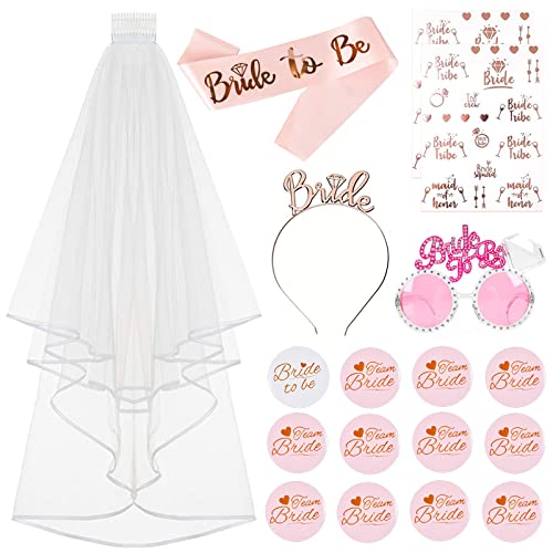 Newtic Despedida De Soltera Accesorios 17Pcs Conjunto De Velo De Banda De Tiara Bride To Be, Complementos Despedida De Soltera Set con Pulsera, Novia Pulsera,Tatuajes,Insignia,Velo, Diadema Tiara