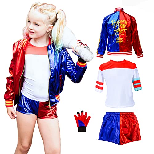 Kitimi Disfraz Harley Quinn Niña Harley Quinn Suicde Squad Disfraz Halloween Niña con Camiseta, Chaqueta, Pantalón, Guantes para Cosplay Carnaval Navidad Halloween