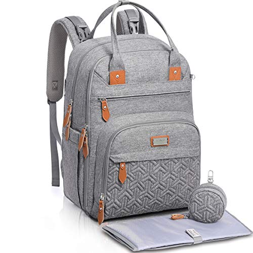 WELAVILA Mochila de pañales, Bolsas unisex para bebés con cambiador, bolsillos aislados y soporte para chupete, Mochila de viaje multifuncional grande mamá y papá (Gris)