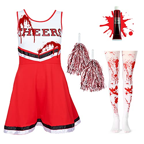 REDSTAR Disfraz de Animadora Zombie para Niña con Medias Salpicadas de Sangre - Disfraz de Cheerleader Americana con Pompones y Tubo de Sangre Falsa - Disfraz de Halloween para Fiestas Infantiles