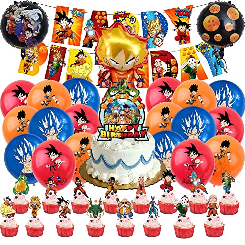 Ksopsdey Decoración Cumpleaños Dragon Ball 39 Piezas, Fiesta Temática Dragon Ball, Globos Cumpleaños, Decoración Tarta, Pancarta Feliz Cumpleaños, Cupcake Topper, Suministros para Fiestas Infantiles