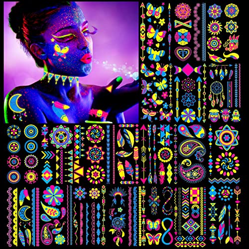 HOWAF 20 Hojas Neón Tatuajes Temporales, Neón Tatuaje Temporal Neon Party Tatuajes UV Luz Negra Fluorescente Maquillaje Pintura Cuerpo Cara Tatuaje Neon Tattoos Temporales Adultos Niños Fiesta Neon