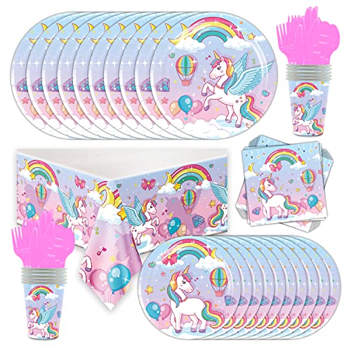 81 suministros y decoraciones de fiesta de unicornio, incluyendo platos, servilletas, tazas, tenedores, cuchillos, cucharas, manteles, para decoración de fiesta de cumpleaños de unicornio para niña