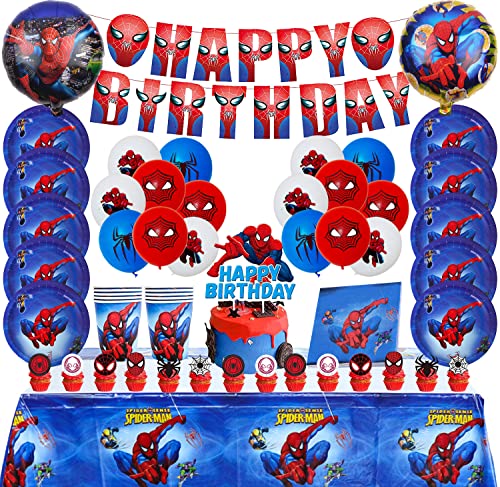 Newtic 87PCS Kit cumpleaños Spiderman, Decoracion Cumpleaños Spiderman, Vajilla Temática del Spiderman, Platos Spiderman cumpleaños, Tazas, Mantel, Servilletas, Pancarta, Globos