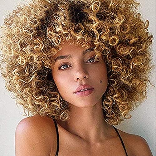 ColorfulPanda Pelucas sintéticas rizadas Afro para las mujeres negras Peluca rizada rizado pelo natural rubio marrón corta Peluca Fluffy del aspecto natural a prueba de calor completa Para Fiesta