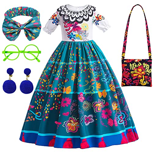 Disfraz de Encanto Vestido, Princesa de Mirabel Encanto Niña, Disfraz Mirabel Vestido con Bolso Hombro, Gafas, Banda el pelo y Aretes para Niños 2 a 11 Años Halloween Cumpleaños Carnaval Cosplay(110)