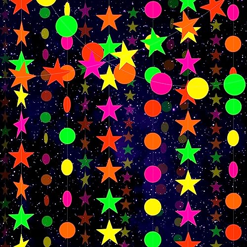 Qpout Guirnaldas de Papel Neón Círculos Puntos Estrellas Fiesta de Neón Serpentinas Colgantes Resplandor en la Oscuridad Banners Fluorescentes de Fiesta para Fiesta Disco de Cumpleaños
