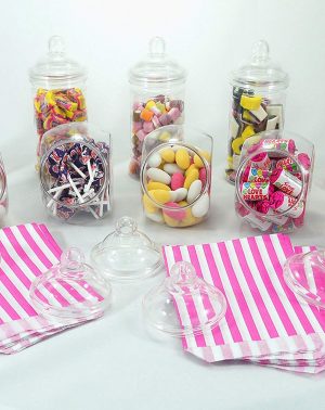 Paquete de fiesta - 10 frascos de plástico cristalino con tapas de rosca estilo victoriano. Decoración mesas de boda, fiestas, cumpleaños. 100 bolsas gratis.