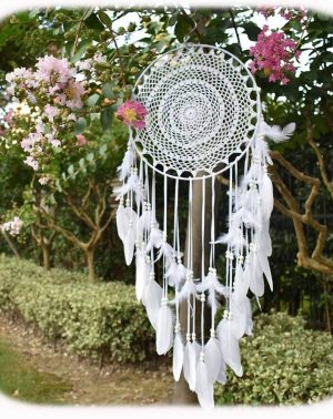 Atrapasueños Grande Plumas Blancas Macramé para Boda Vintage decoración 35 cm círculo 115 cm de Largo (Blanco)