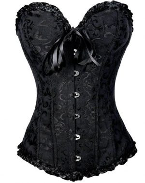 Corsé para Mujer Vintage Brocado Encaje con Cremallera y Cinta Ajustable Negro