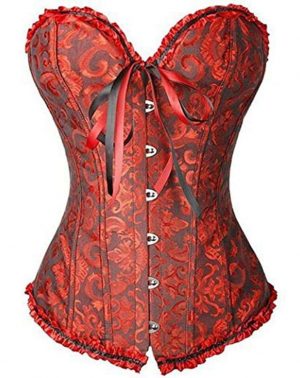 Corsé para Mujer Vintage Brocado Encaje con Cremallera y Cinta Ajustable Rojo