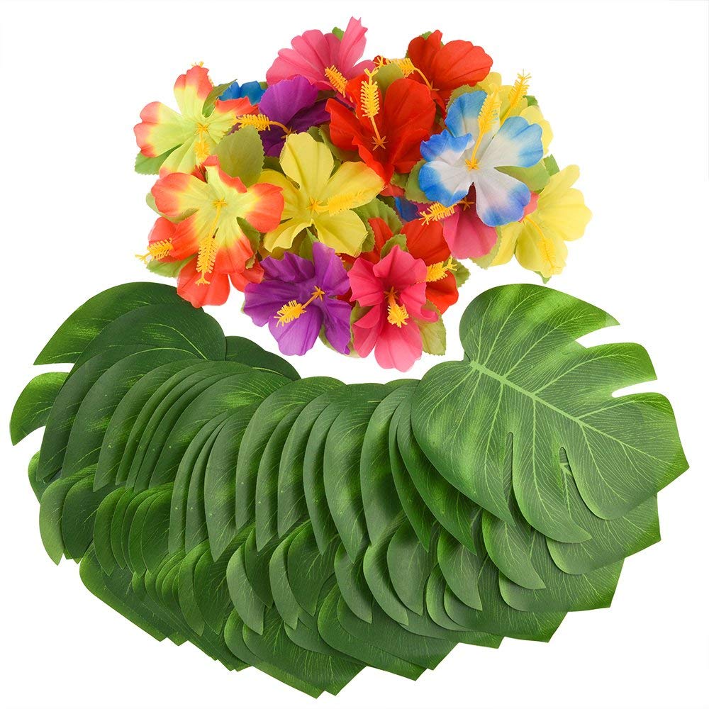 60 piezas decoraciones Fiesta Tropical Hawaiana - Hojas de Palmera