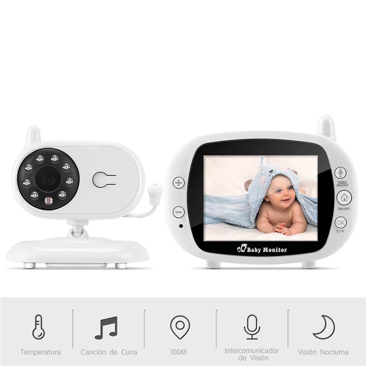 Vigilabebés Inalámbrico, BOIFUN Bebé Monitor Inteligente con Pantalla LCD 3.5", Cámara Vigilancia Bebe
