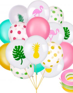50 Piezas de Globos de Fiesta Hawaiana Globos de Látex Incluye Globos de Puntos Lunares Flamingo Piña de Hoja Tropical con 3 Rollos de Cintas para Decoración de Fiesta