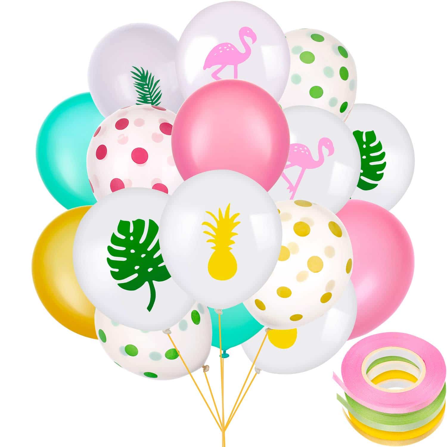 50 Piezas de Globos de Fiesta Hawaiana Globos de Látex Incluye Globos de Puntos Lunares Flamingo Piña de Hoja Tropical con 3 Rollos de Cintas para Decoración de Fiesta