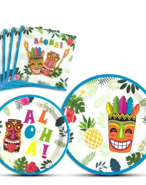 Vajilla Desechable Tema Hawaiano Cumpleaños Cena Postre Platos y Servilletas 16 Personas