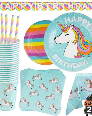 102 Piezas–Vajilla Diseño de Arcoiris y Unicornio Desechable–Accesorio de Decoración de Fiesta de Cumpleaños-Utensilios para Celebración–Pancarta,Platos,Vasos,Servilletas,Pajitas y Mantel Resistente
