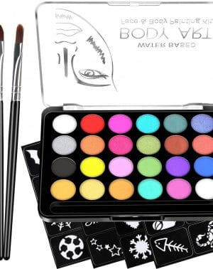 RIOGOO Kit de Pintura Facial para niños, 32 Plantillas, 24 Pinturas Grandes a Base de Agua, 2 Pinceles, Pintura Facial y Corporal, Seguro y no tóxico, para Pintar la Cara de la Fiesta de Halloween