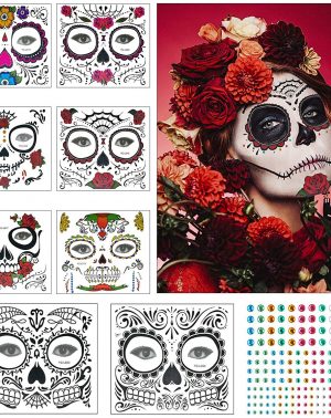 Tatuaje cara temporales Halloween ZERHOK 8pcs etiqueta Mascarada diseño cráneo con gemas cara mujer adhesivas para maquillaje en Halloween día de muerto y baile de disfraz para mujer hombre y niños