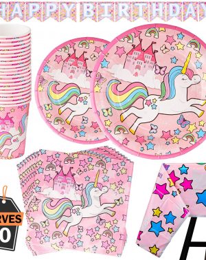 82 Piezas–Vajilla Diseño de Unicornio Desechable–Accesorio de Decoración de Fiesta de Cumpleaños-Apoyo para Celebración–Pancarta,Platos, Vasos, Servilletas y Mantel Resistente–20 Invitados Color Rosa